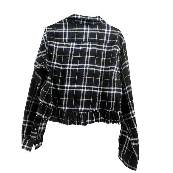 River Trail Black Blue White Plaid Ruffled Button Down Shirt Women's Size Large - Picture 3 of 3